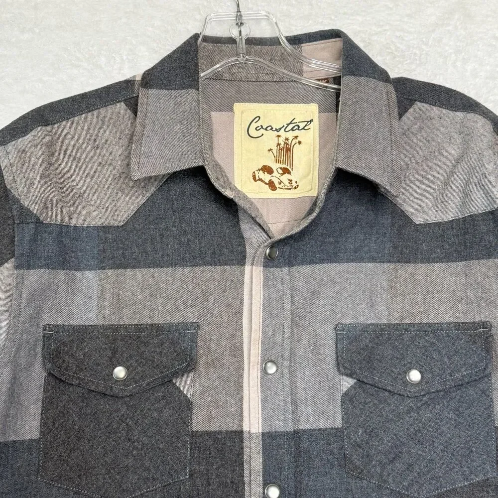 Coastal Pearl Snap Shirt Mens Medium Blue Gray Plaid Western Cowboy Long‎ Sleeve